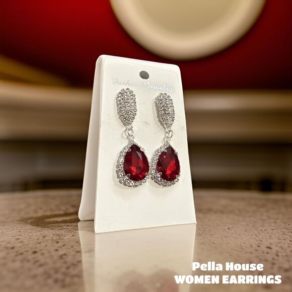 Silver Tone Gatsby Flapper Peacock Zircon Rhinestone Pear Earrings Red - Picture 3 of 4